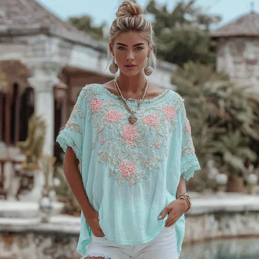 Comstylish Women's Vintage Bohemian Floral Embroidered Casual Crew Neck T-shirt