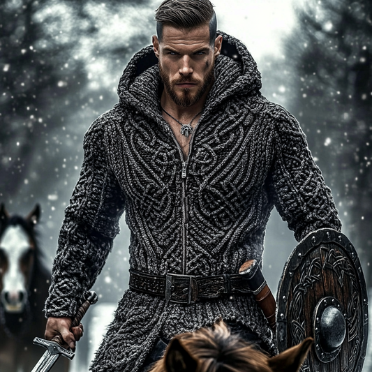 Men's Viking Tribal Jacquard Celtic Chunky Knit Zip-up Hooded Sweater elevenforest