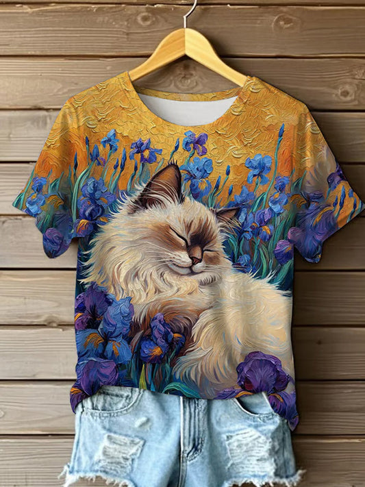 Women's Oil Painting Cute Flowers Cat Print T-shirt elevenforest
