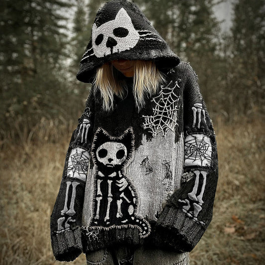 Halloween Funny Black Cat Skull Spider Web Jacquard Knitted Hooded Sweater elevenforest