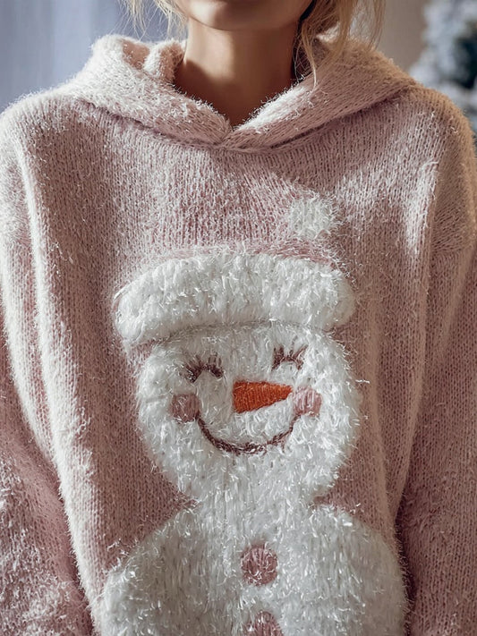 Cute Fuzzy Snowman Embroidered Cozy Hooded Sweater artswardrobe