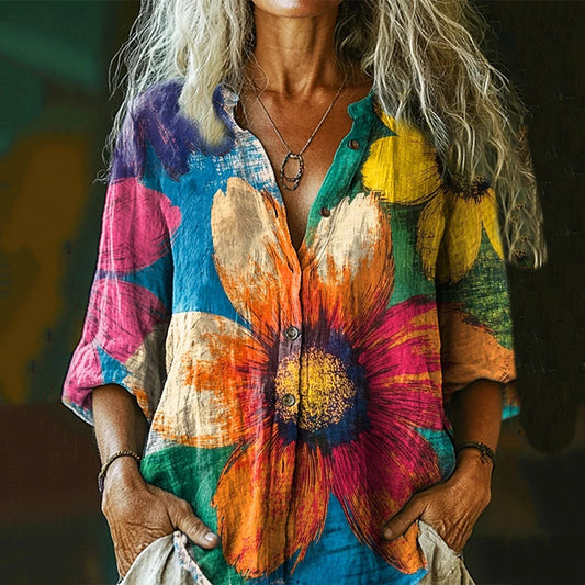Women's Colorful Tie-dye Sunflower Art  Casual Linen Shirt artswardrobe
