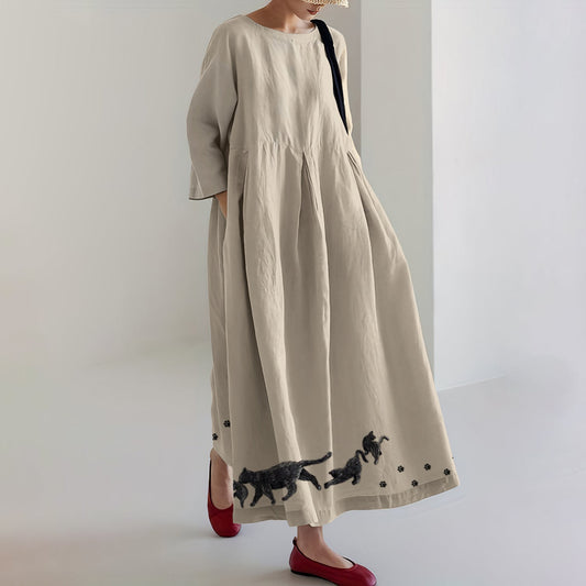 Women's Cat & Paw Embroidery Art Cozy Maxi Dress elevenforest