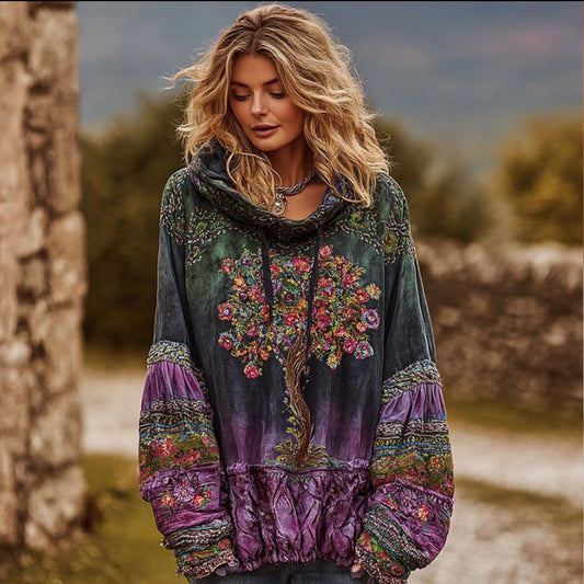 Comstylish Women's Vintage Viking Tree Of Life Tie-dye Hooded Top