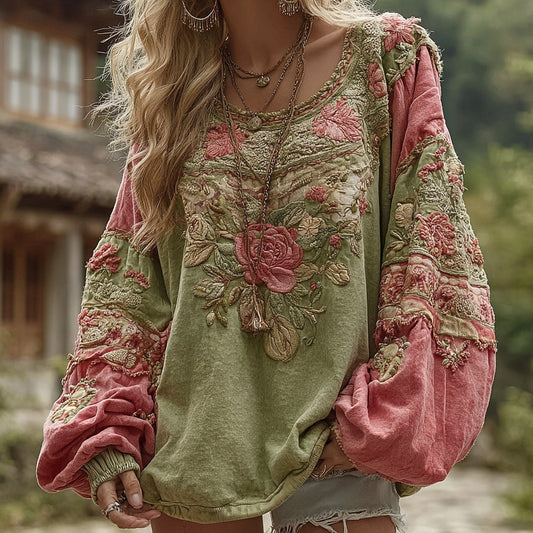 Comstylish Women's Retro Bohemian Rose Floral Stitching Warm Round Neck Sweatshirt