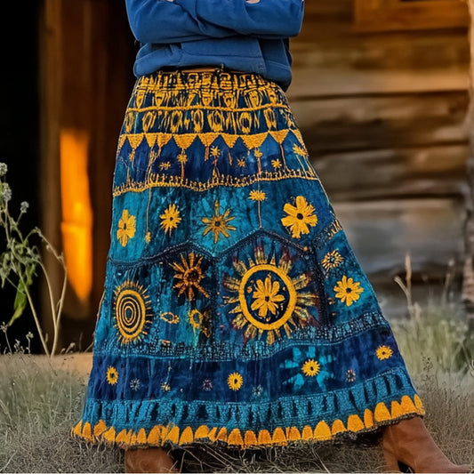 Folk Floral Embroidery Art Vintage Skirt artswardrobe