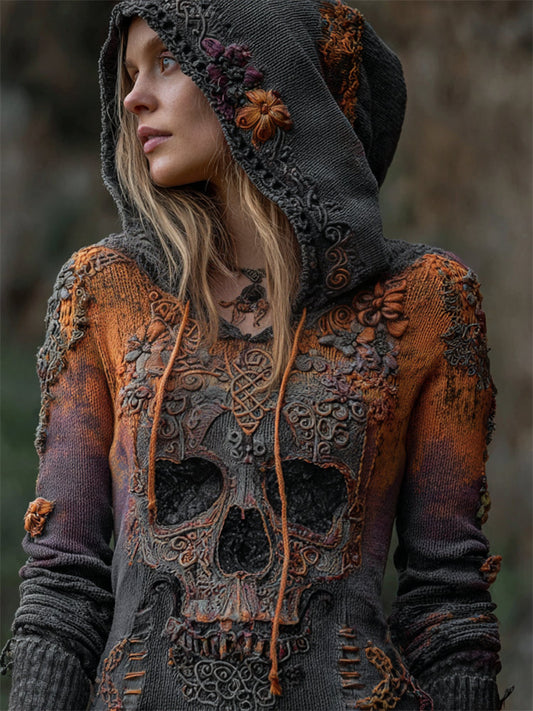 Halloween Skull Floral Celtic Gradient Knit Hooded Sweater elevenforest