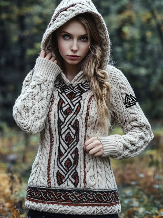 Viking Valknut Embroidered Retro Jacquard Cozy Hooded Sweater elevenforest