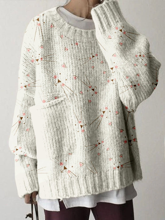Lovely Kitty Faces Pattern Big Pocket Cozy Sweater elevenforest