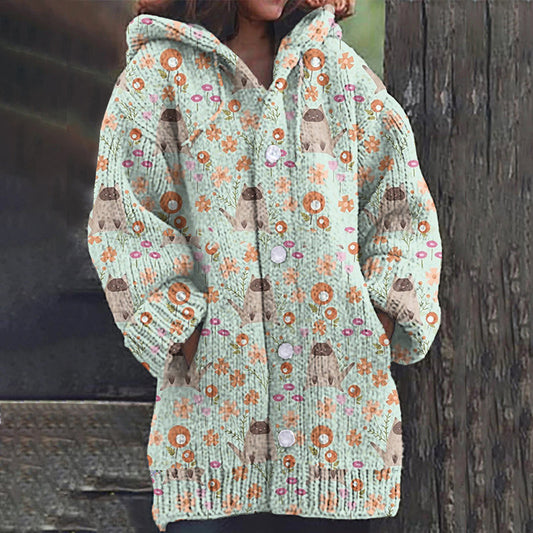 Cat Floral Print Women's Cardigan Sweater elevenforest