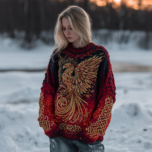 Women's Mythical Phoenix Embroidered Celtic Knot Ombre Sweater artswardrobe