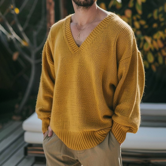 Retro Island Jacquard Patchwork Men's V-Neck Sweater artswardrobe