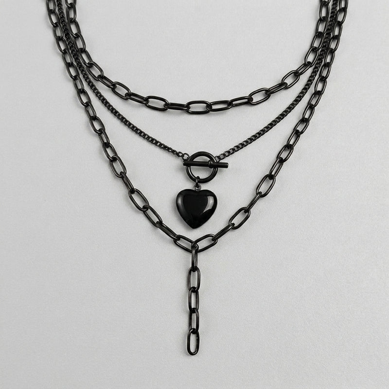 Black Heart Toggle Layered Chain Necklace