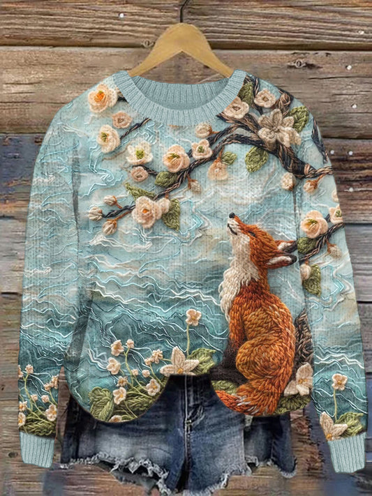 Fox Floral Embroidery Pattern Cozy Knit Sweater artswardrobe