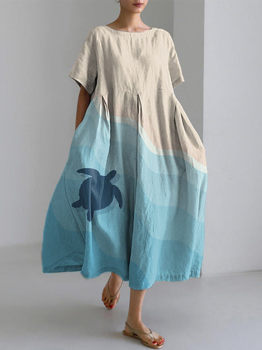 Comstylish Sea Turtle Art Print Linen Blend Dress