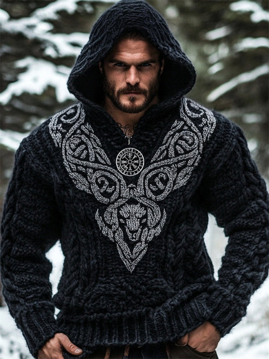 Men's Viking Vegvisir Wolf Celtic Chunky Hooded Sweater elevenforest