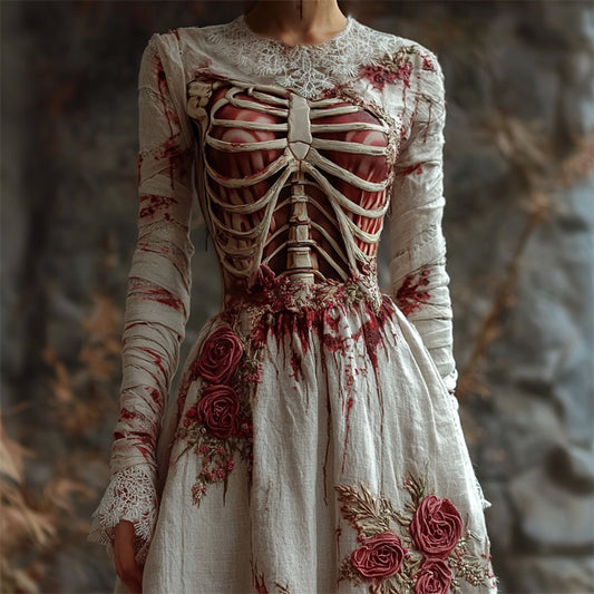 Comstylish Halloween Bloody Red Roses Skeleton Flowy Lace Vintage Linen Dress