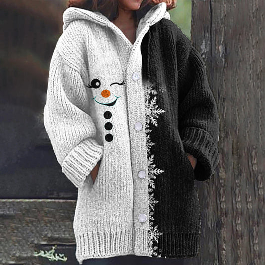 Vintage Christmas Cute Snowman Pattern Women's Hooded Sweater Cardigan elevenforest