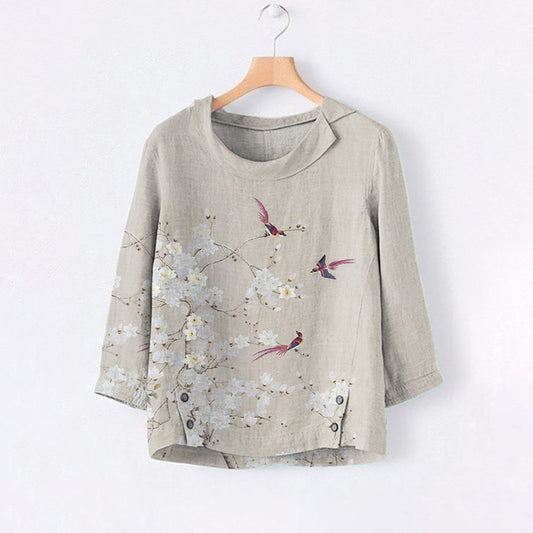 Comstylish Flower And Bird Print Lapel Casual Blouse