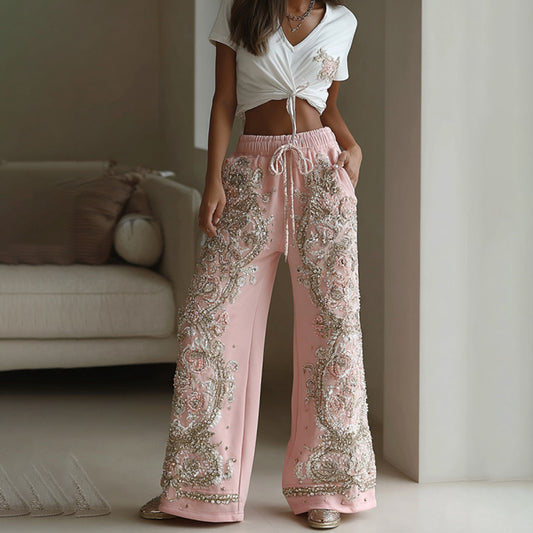Comstylish Women's Vintage Floral Embroidery Cozy Sweatpants