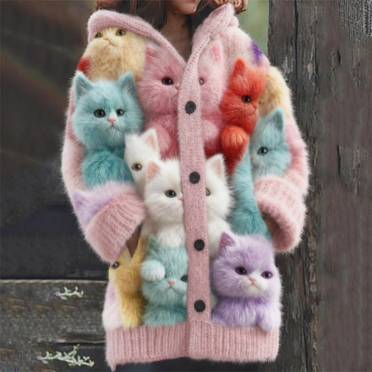 Lovely Macaron Colorful Fuzzy Cats Cozy Hooded Cardigan elevenforest
