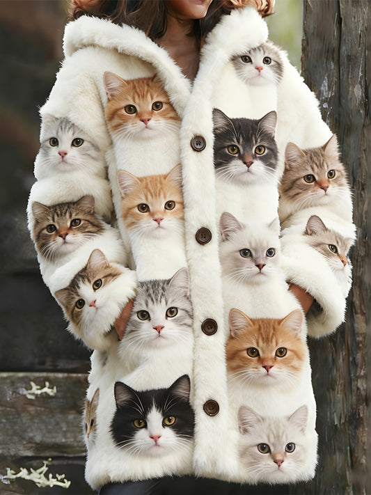 Comstylish Colorful Cat Hood Warm Long Plush Cardigan