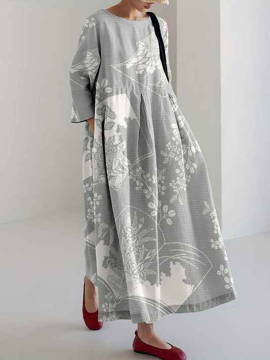 Comstylish Japanese Art Floral Print Linen Blend Loose Midi Dress