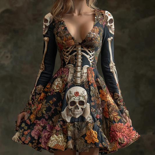 Comstylish Day Of The Dead Lady Retro Cotton-blend V-neck Long-sleeve Lace Dress