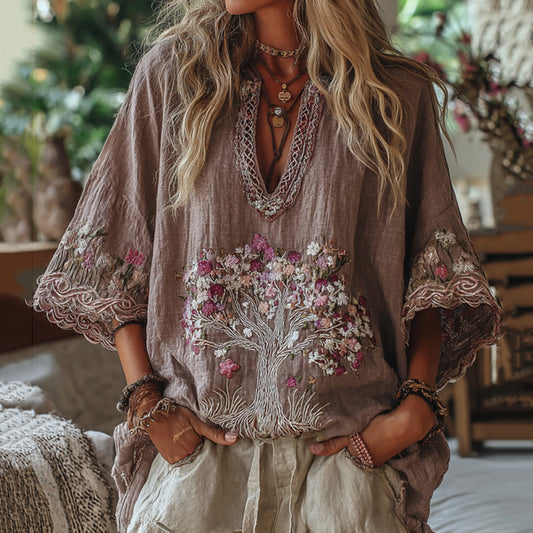 Comstylish Women's Tribal Tree Of Life And Floral Art Casual Shirt