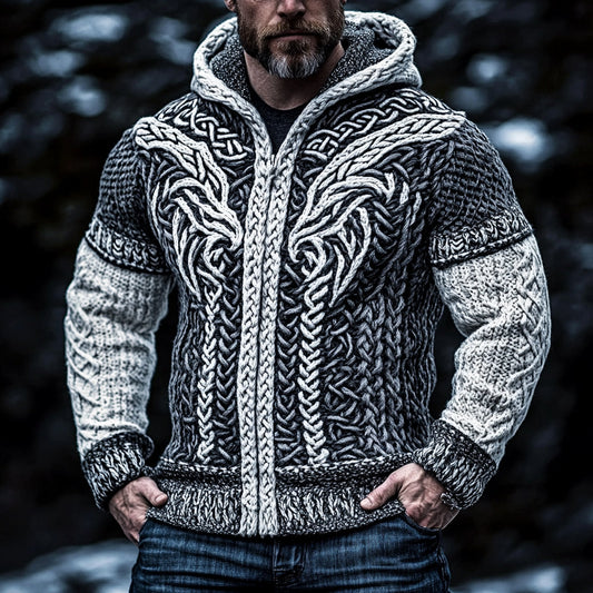 Men's Viking Wolf Style Celtic Thick Zip Hooded Sweater elevenforest