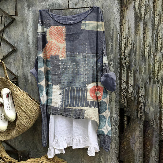 Vintage Patchwork Embroidery Art Linen Blend Blouse artswardrobe