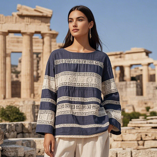 Greek Key Lace Embroidered Linen Blend Loose T-shirt artswardrobe