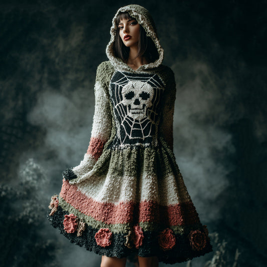 Women's Skull Floral Hooded Knit Dress artswardrobe