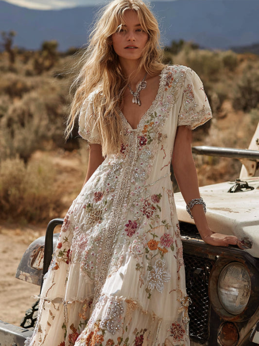 Bohemian Western Style Floral Embroidery White V-neck Short-sleeved Long Dress artswardrobe