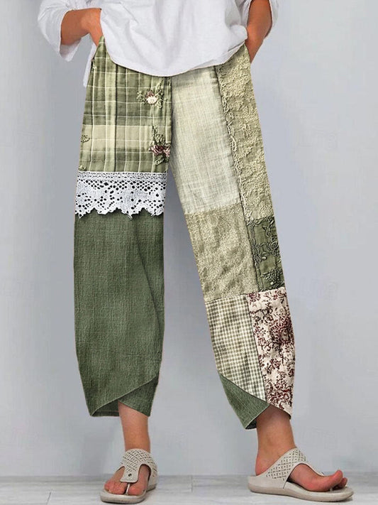 Boho Floral Pattern Lace Patchwork Linen Blend Pants artswardrobe
