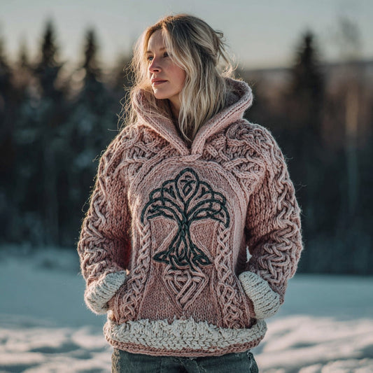 Women's Vintage Viking Tree Of Life Knitted Jacquard Warm Hooded Sweater elevenforest