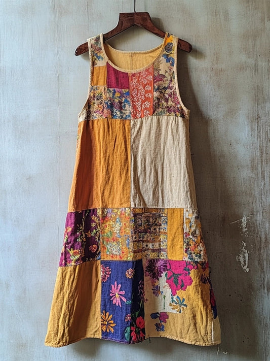 Vintage Boho Patchwork Linen Tank Dress artswardrobe