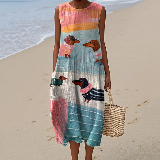 Retro Cute Dachshund  Sausage Dog Art Linen Tank Midi Dress artswardrobe
