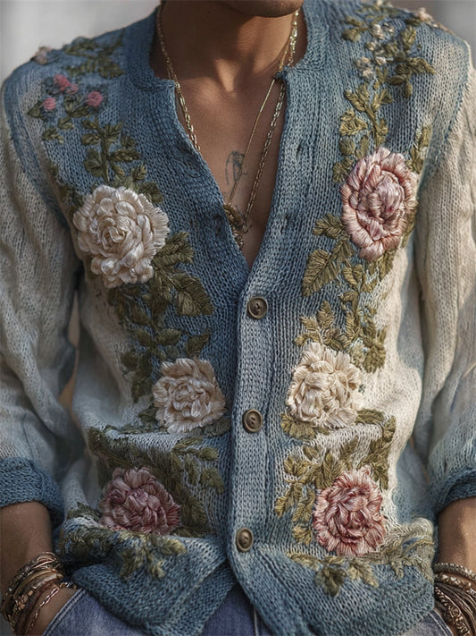 Men's Vintage Roses Crochet Contrast Cozy Knit Cardigan elevenforest
