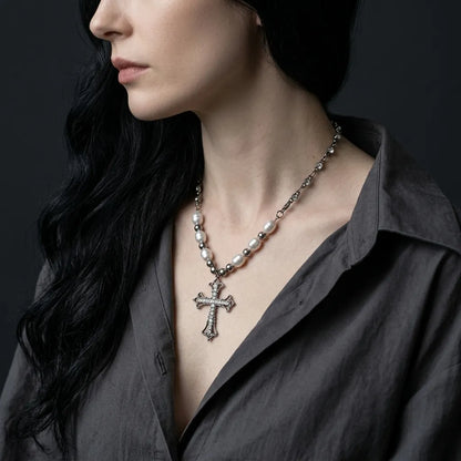 Ornate Cross Pearl Rhinestone Necklace