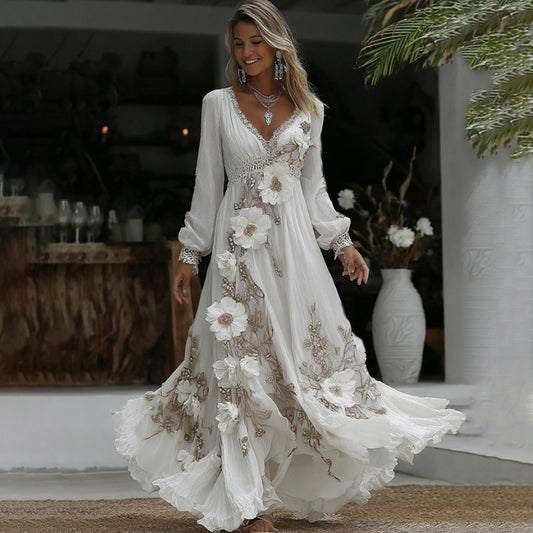 Comstylish Women's Vintage Floral Embroidery Art V-neck Casual Long Sleeve Maxi Dress