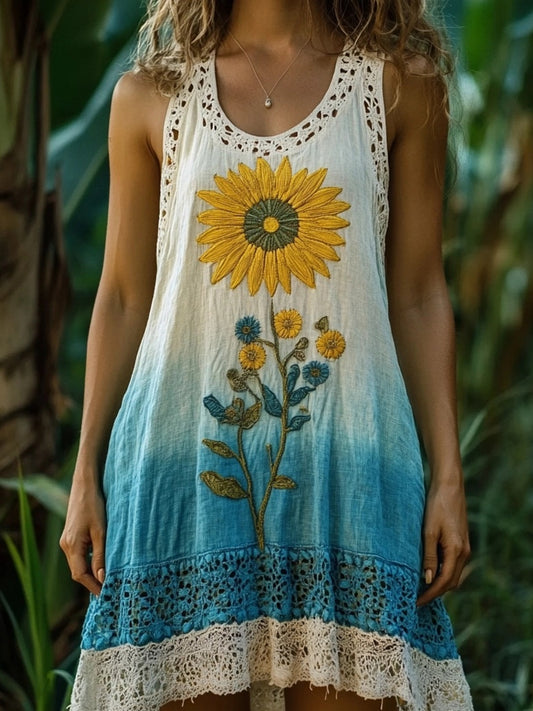 Boho Sunflower Embroidered Lace Patchwork Linen Maxi Dress artswardrobe