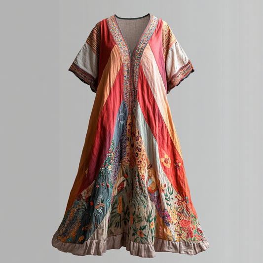 Women's Vintage Rainbow With Floral Art Linen V-neck Short Sleeve Dress artswardrobe