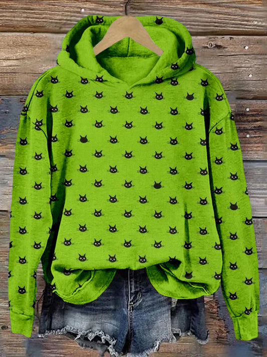 Cute Little Cat Face Graphic Vintage Cozy Hoodie elevenforest