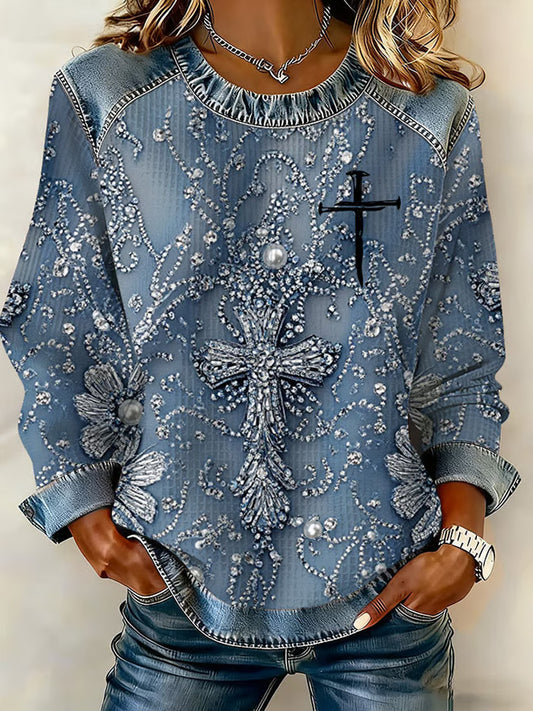 Comstylish Women's Casual Cross Print Long Sleeve Sweatshirt