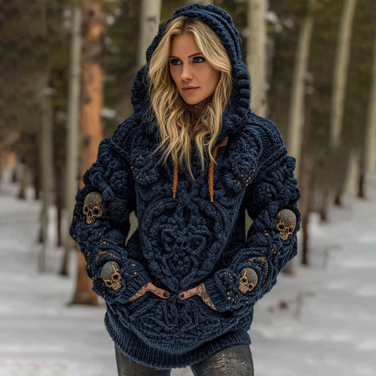 Women's Vintage Viking Tribal Celtic Skull Art Cozy Hooded Sweater elevenforest