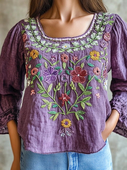 Purple Ethnic Floral Embroidery Vintage Women's Linen Shirt artswardrobe