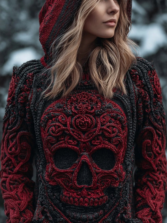 Vintage Spooky Skull Gradient Chunky Hooded Sweater elevenforest