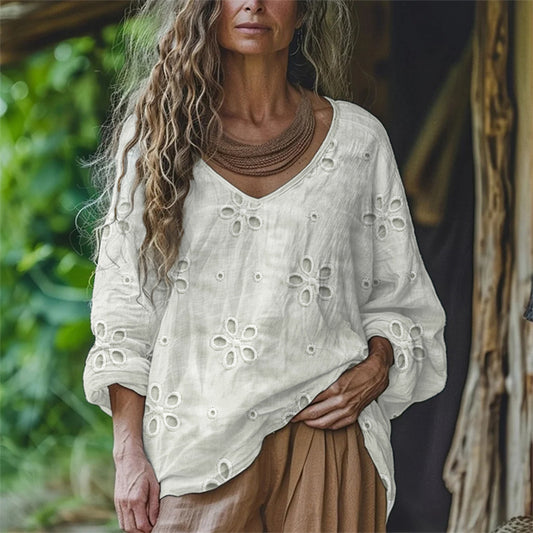 Floral Hollow Lace Embroidered Flowy Linen Tunic artswardrobe