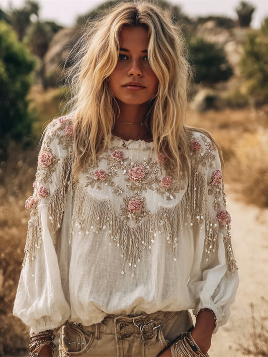 Comstylish Vintage Bohemian Fringed Floral Art Women's Linen Long Sleeve Shirt